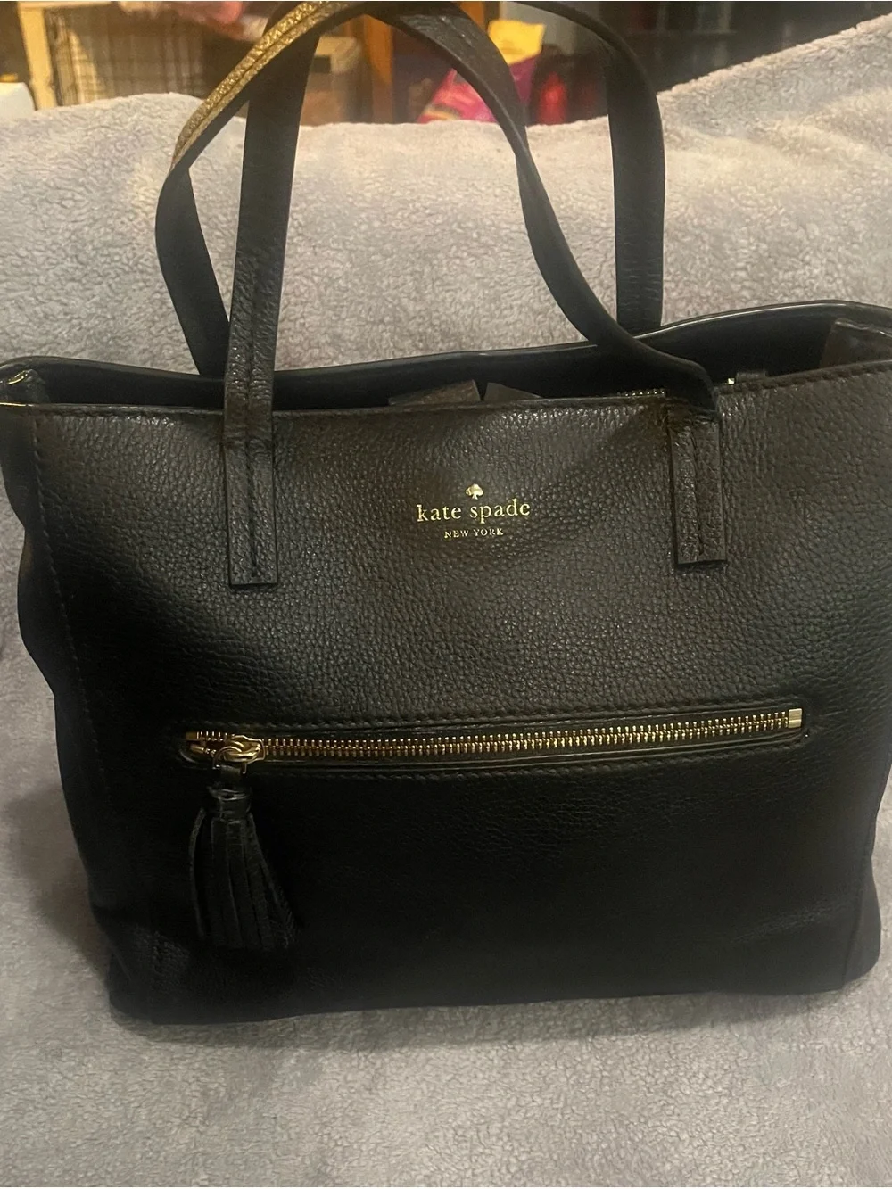 kate spade Black Pebbled Leather Shoulder Tote with Front Zip Tassel